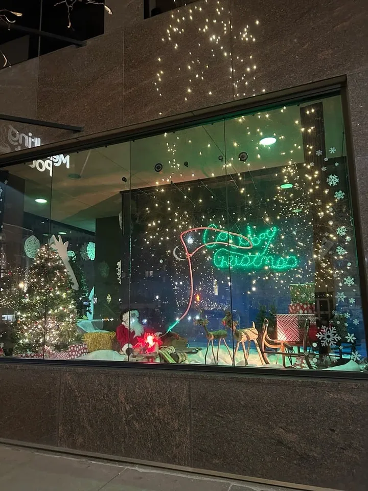 A decorated holiday window display